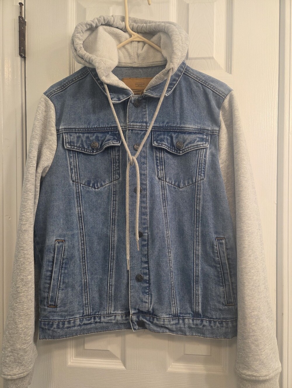 Krispy Kreme Brand Men's SM Hooded Denim Jacket with Gray Sweetshirt Sleeves